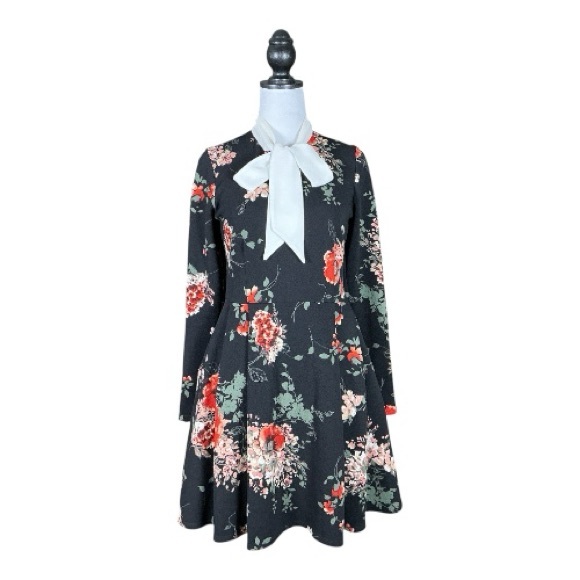 Unique Vintage Smak Parlour Black Multicolor Floral Bow Long Sleeve Mini Dress M - Picture 2 of 9